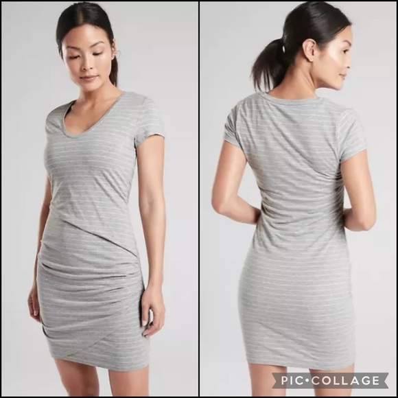 Athleta Dresses & Skirts - Athleta Stripe V-Neck Faux Wrap Ruched Mini Dress